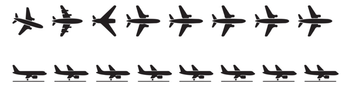 Set of airplane takeoff and landing icons for flight tracking applications and travel marketing.