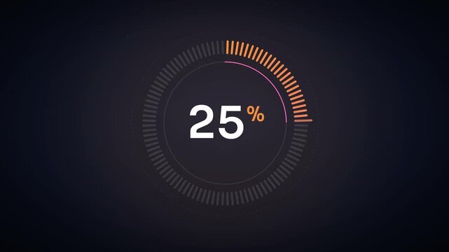 Orange Radial Percentage Counter Animation with Segmented Circular Progress Gauge on Dark Background Seamless Loop