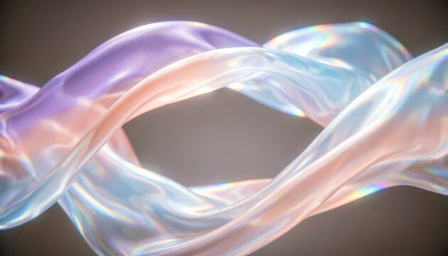 Fondo abstracto, Anillo o cinta fluida abstracta iridiscente en tonos pastel con luz suave 3D.