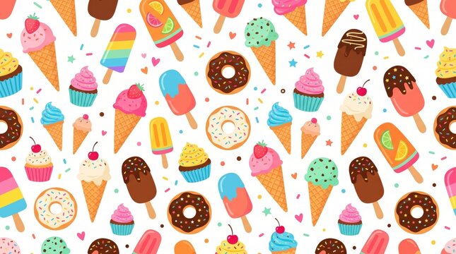 Ice cream seamless pattern with popsicle, donut, cupcake, and sprinkle background for summer party celebration, dessert menu, sweet packaging, and vector food design.