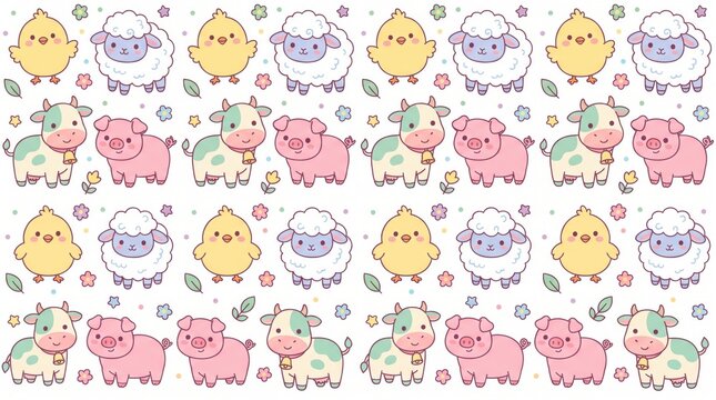 Cute farm animals seamless pattern with baby cow, pig, sheep, chick, and flower background for nursery wallpaper, kids textile print, and vector livestock art.