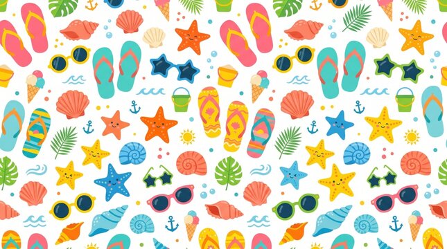 Beach seamless pattern with flip flops, starfish, seashell, sunglasses, and summer background for vacation wallpaper, tropical print, resort decor, and vector design.