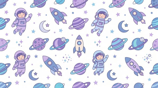 Space seamless pattern with astronaut, rocket ship, planet, star, and moon background for cute galaxy nursery decor, kids wallpaper, pastel fabric print, and vector design.