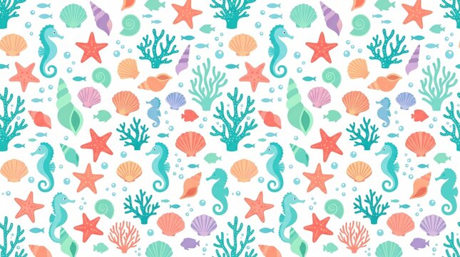 Sea seamless pattern with seahorse, starfish, coral, seashell, and ocean life background for aquatic nursery decor, beach wallpaper, coastal print, and vector design.