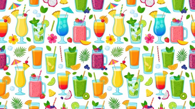 Tropical cocktail seamless pattern with drink, smoothie, fruit juice, umbrella, and beach background for summer party menu, bar decor, resort print, and vector design.