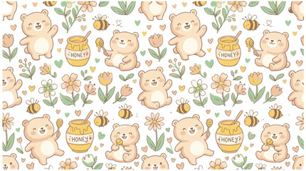 Obraz premium Vector seamless pattern with cute cartoon teddy bears honey pots bees and spring flowers for nursery textile design