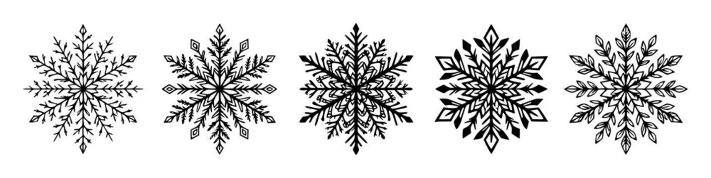Five snowflakes in horizontal row set with simple line art design featuring simple design, minimalist, black and white with illustrations and graphics