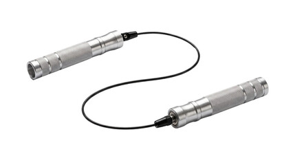 Obraz premium Jump rope featuring sleek silver metal handles and a black cable lies on a transparent surface.
