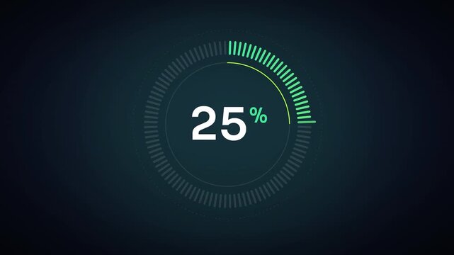 Green Radial Percentage Counter Animation with Segmented Circular Progress Gauge on Dark Background Seamless Loop