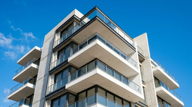 Modern Apartment Building Balconies Against Blue Sky
