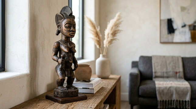African tribal statue on wooden table with sofa and art in background