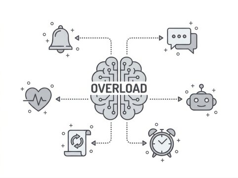 Overload brain concept with notifications and stress icons