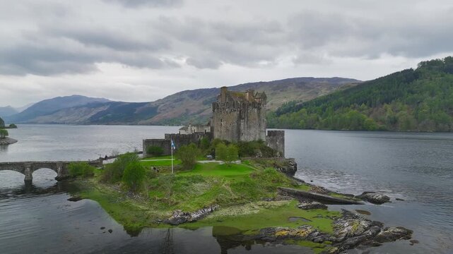Eilean Donan Castle and Loch Duich from a drone, Isle of Skye, Highlands, Scotland, England, United Kingdom