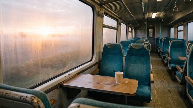 Inside an empty train carriage during sunrise, with sunlight streaming through a misty window and illuminating rows of blue seats. A paper cup sits on a table.