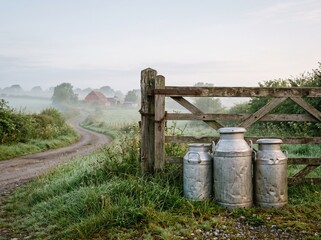 Obraz premium Three vintage milk cans stand proudly next to a rustic wooden gate on a misty country road at dawn. The soft morning light illuminates the dew-kissed grass and a distant farmstead.
