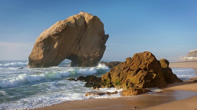 Penedo do Guincho is a large rock arch at Praia da Santa Cruz, Portugal. Waves crash on the beach in warm late afternoon light.