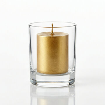 Gold candle in a clear glass holder on white background