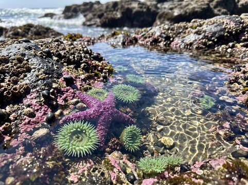 A vibrant tide pool filled with sea anemones and a purple starfish, nestled among tide-worn rocks on a sunny day