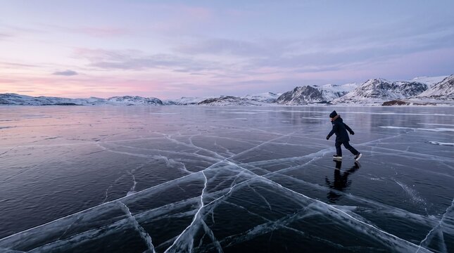 A lone figure ice skates across a vast, frozen lake, silhouetted against a breathtaking sunset sky and snow-capped mountains. The ice is a canvas of intricate cracks.