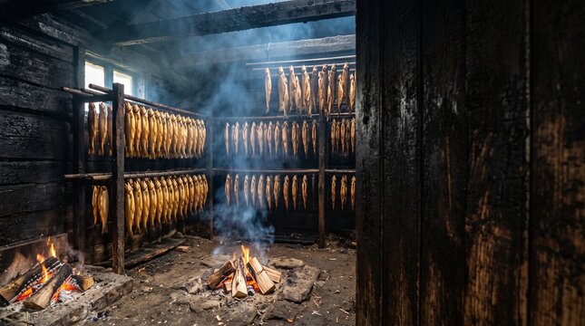 A traditional smokehouse with rows of fish hanging to cure over a crackling fire. The rustic interior is filled with smoke, hinting at the preservation process