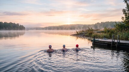 Fototapeta premium Three individuals wearing swim caps are swimming in a serene lake at sunrise, with mist hovering over the water and a lush forest in the background
