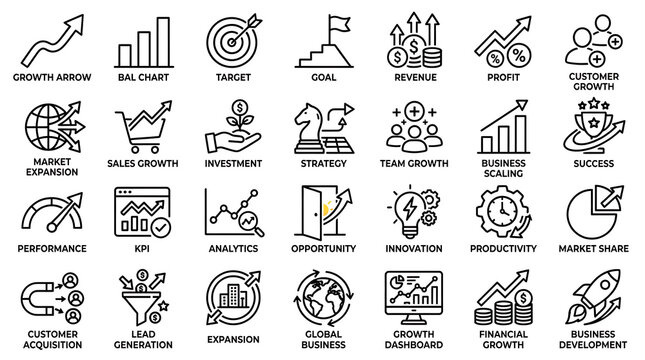 A grid of business growth and success icons visually represents concepts such as market expansion, sales growth, investment, and team development for strategic planning.