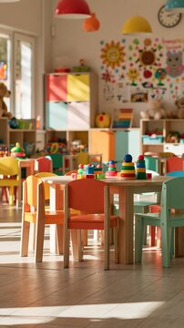 Cheerful kindergarten classroom with toys and decorations for early childhood learning in bright sunlight Generative AI