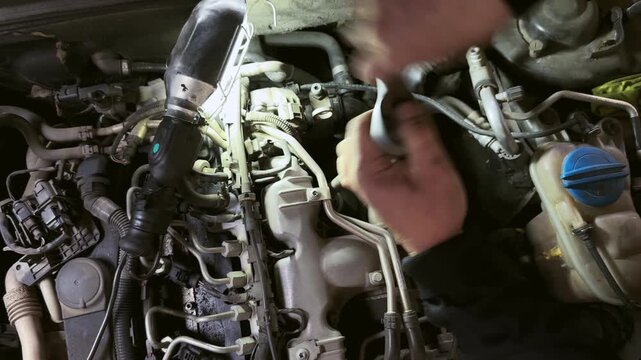 Professional Mechanic Servicing Car Engine Close Up