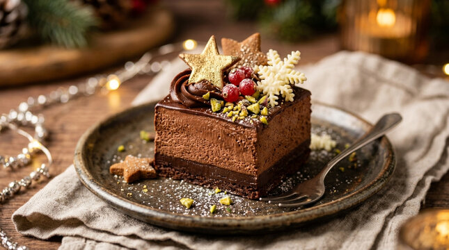 Chocolate Christmas Mousse Cake with Berries and Stars
