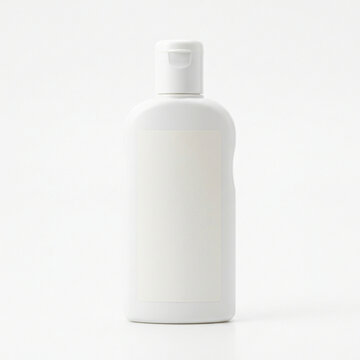 White plastic bottle with blank label on white background