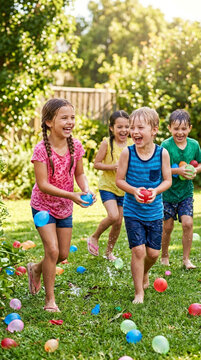 Children Laughing Playing Water Balloon Fight in Backyard