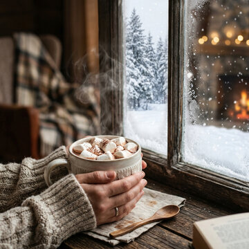 Cozy Winter Scene Hot Chocolate by Fireplace Window