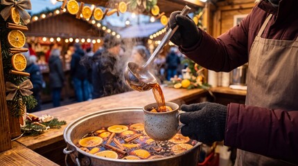 Fototapeta premium A market vendor pours steaming spiced mulled wine into a ceramic mug at a warmly illuminated Christmas market decorated with orange, cinnamon, and evergreen.