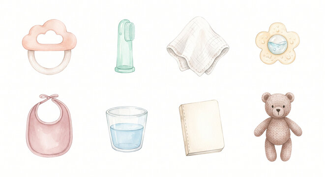 歯が生える時期のケア用品 アイコンセット 水彩