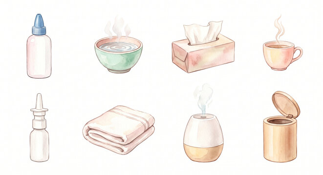 副鼻腔炎と鼻うがいのケア用品 アイコンセット 水彩