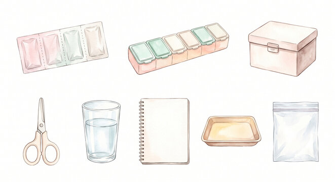 一包化と残薬整理の服薬管理用品 アイコンセット 水彩