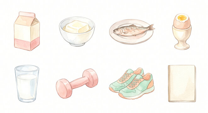 フレイル予防と栄養補助の食事 アイコンセット 水彩