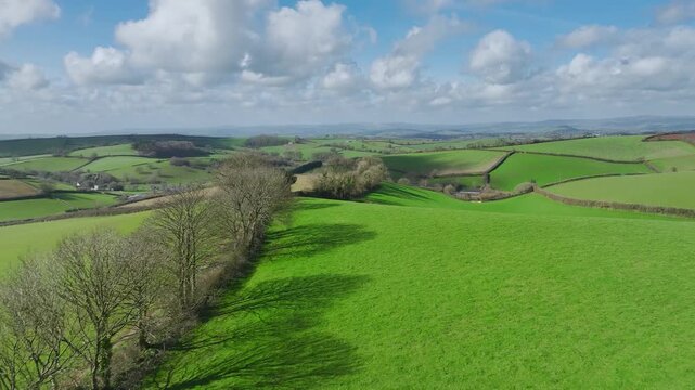 Fields and Farmlands at spring from a drone, Devon, England, United Kingdom
