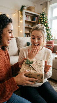 Friends exchanging Christmas gifts in a cozy living room