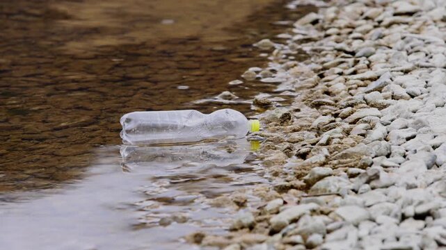 Environmental pollution, Plastic bottle washed up on the lake shore, Austria