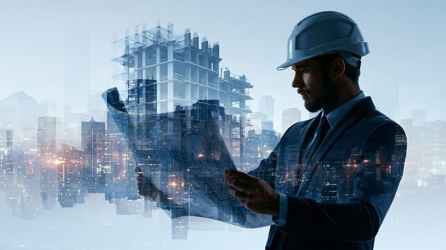 Double exposure of engineer reviewing blueprints in an urban setting with buildings in the background Generative AI