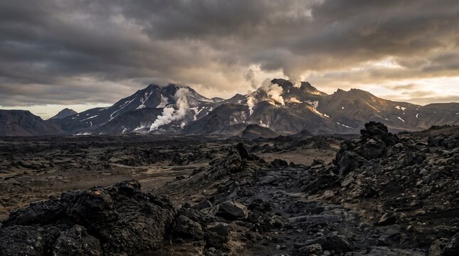 Steam rises from the rugged volcanic mountain peaks under a dramatic overcast sky.