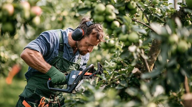 Gardener pruning fruit tree branches with chainsaw in spring orchard Generative AI