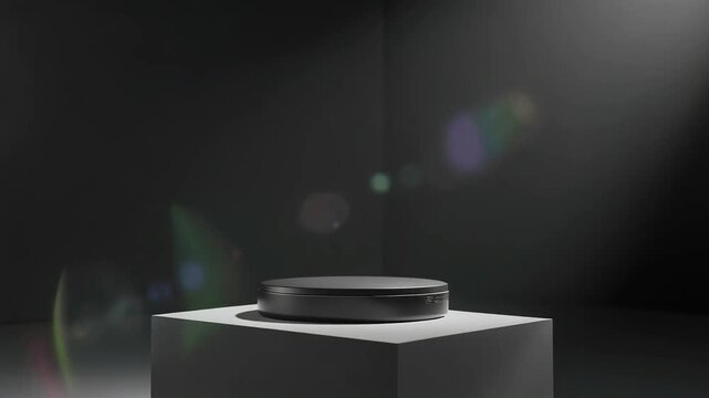 Slow camera orbit around a sleek circular device on a minimalist pedestal in dark studio