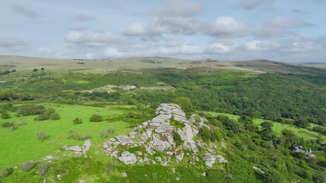 Vixen Tor from a drone, Dartmoor National Park, Yelverton, Devon, England, United Kingdom