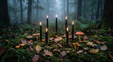 Fototapeta premium Candlelit Forest Alter with Mushrooms and Leaves