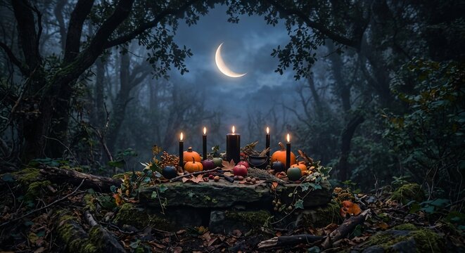 Mystical Autumn Altar Scene with Candles and Pumpkins