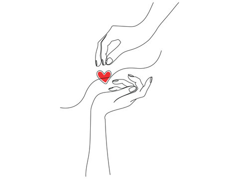 One continuous line drawing of hand holding heart. Concept of love relationship and charity volunteer organization symbol in simple linear style. Editable stroke. Doodle Vector illustration.