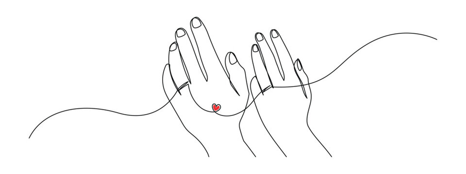 One continuous line drawing of hand holding heart. Concept of love relationship and charity volunteer organization symbol in simple linear style. Editable stroke. Doodle Vector illustration.