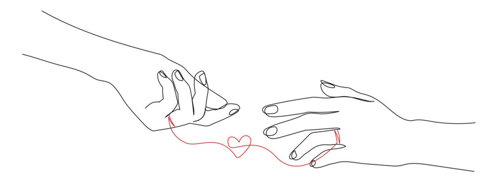 One continuous line drawing of two hands tied heart. Concept of love relationship and charity volunteer organization symbol in simple linear style. Editable stroke. Doodle Vector illustration.